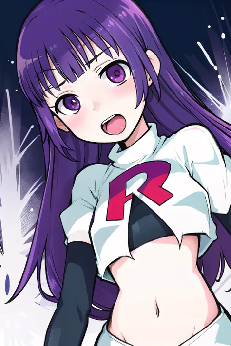 1girl, solo, beautiful face, finely detailed face, beautiful eyes, purple hair, team rocket,team rocket uniform, red letter R, white skirt,white crop top,black thigh-highs,black elbow gloves