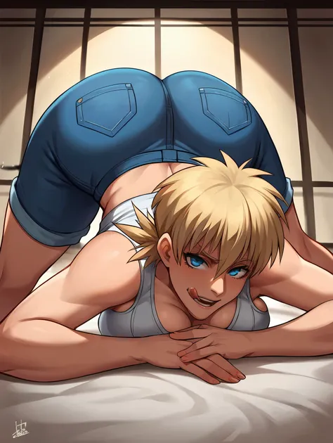 score_9, score_8_up, score_7_up, source_anime, 1girl, solo, tied crop top, boob window, cow pattern crop top, no bra, big tits, denim shorts, sitting, huge ass, jack o pose,  top down bottom up, , front view, looking at viewer,  licking lips, seductive, pr...