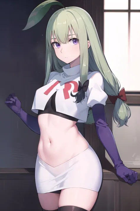 mandragora, mandragora, long hair, bangs, ahoge, green hair, (purple eyes:1.1), bow, hair bow,
break team rocket,team rocket uni...