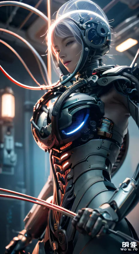 ((masterpiece、Highest image quality、Super detailed))、CG illustration、Introducing a very devious and beautiful mechanical girl。The intricate details of her designs、vividly expressed through cinematic light.、Highlighting her single perfect form with machine-...