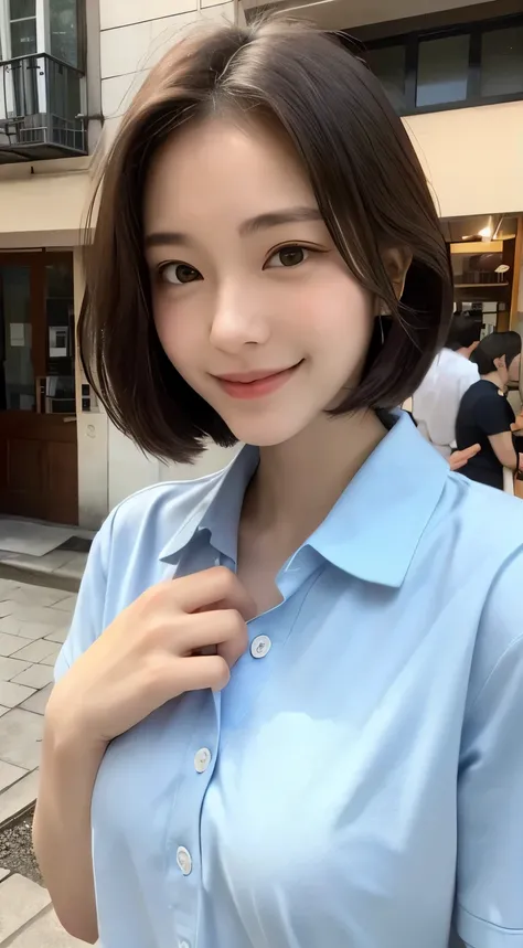 beautiful feet、Slender、japanese women、natural smile、High level image quality、in the street、short hair、23 years old、Big eyes、Kamimei、cafe clerk、big and full breasts、polo shirt、chest flickering