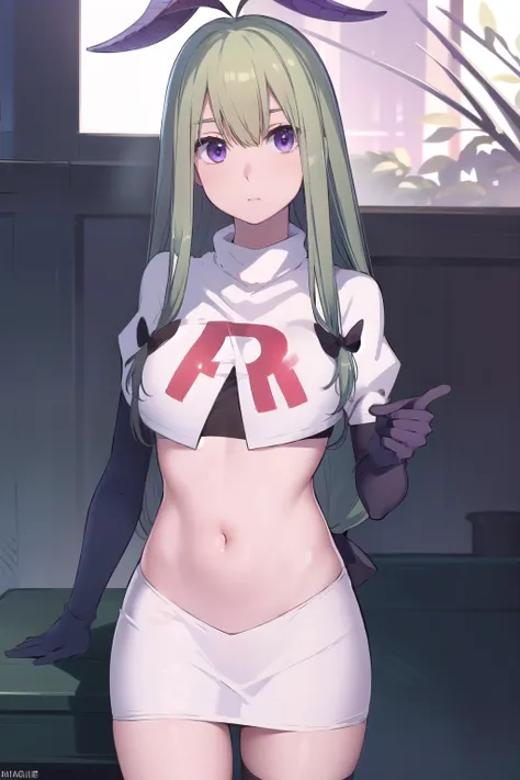 mandragora, mandragora, long hair, bangs, ahoge, green hair, (purple eyes:1.1), bow, hair bow,
break team rocket,team rocket uni...