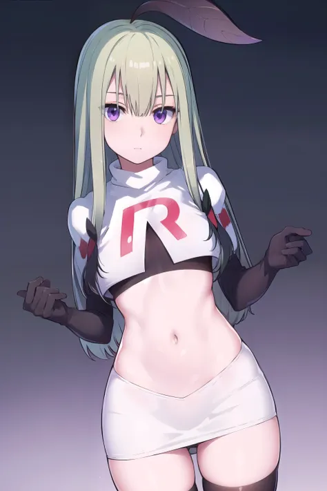 mandragora, mandragora, long hair, bangs, ahoge, green hair, (purple eyes:1.1), bow, hair bow,
break team rocket,team rocket uni...