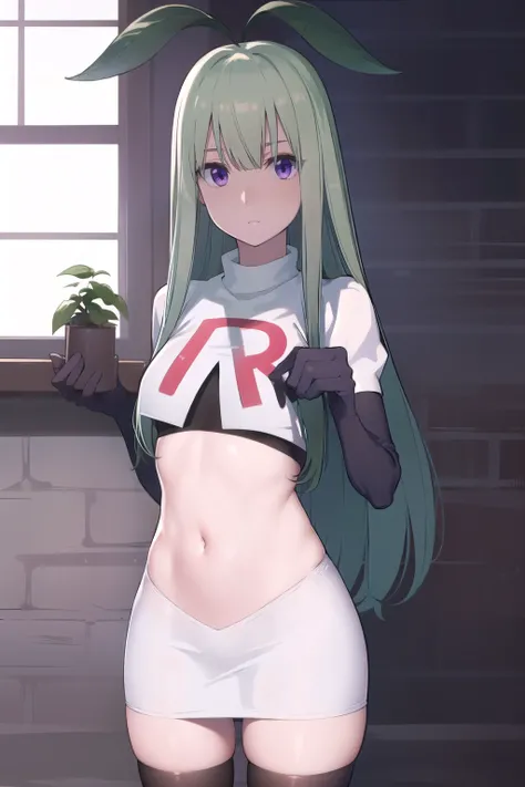 mandragora, mandragora, long hair, bangs, ahoge, green hair, (purple eyes:1.1), bow, hair bow,
BREAK team rocket,team rocket uniform, red letter R, white skirt,white crop top,black thigh-highs,black elbow gloves
BREAK looking at viewer, (cowboy shot:1.5),
...