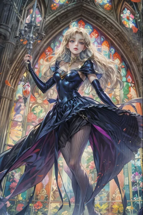 ((Best quality)), ((masterpiece)), (detailed), ((perfect face)), ((halfbody)) ((Sailor Moon Villain: The Witches 5)) solo picture close-up , cathedral background with a big stained glass window