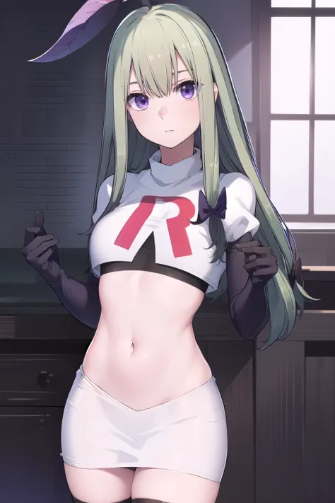 mandragora, mandragora, long hair, bangs, ahoge, green hair, (purple eyes:1.1), bow, hair bow,
break team rocket,team rocket uni...