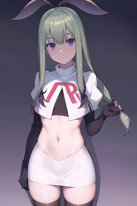 mandragora, mandragora, long hair, bangs, ahoge, green hair, (purple eyes:1.1), bow, hair bow,
break team rocket,team rocket uni...