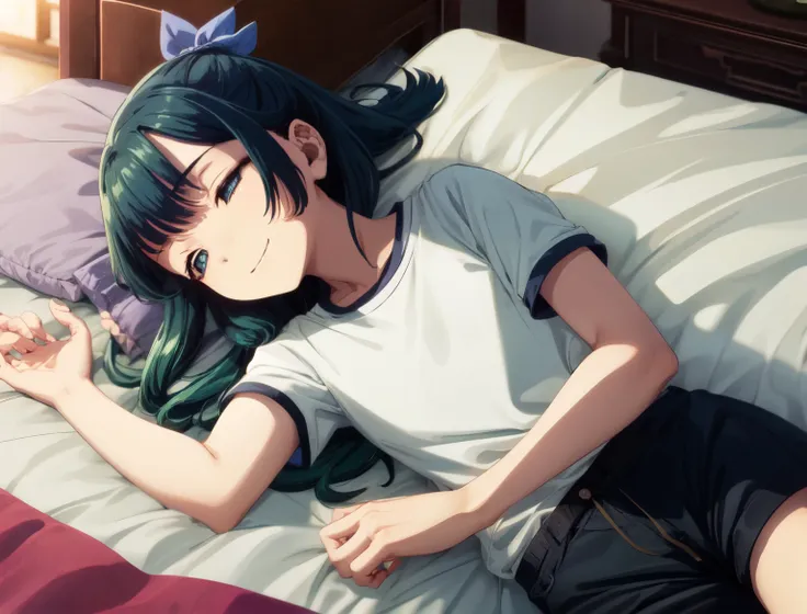 are thin、green hairstyle,、only one girl is in the picture、smile、solo shot,white t-shirt、black shorts、are sleeping、on the bed