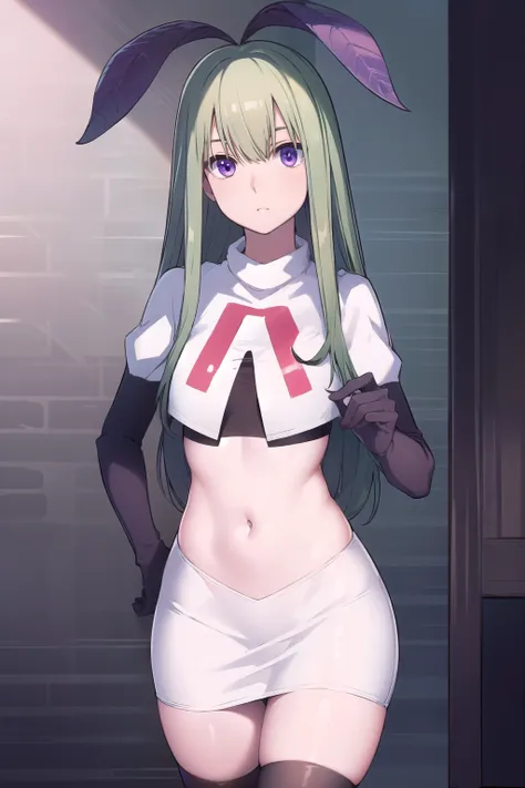 mandragora, mandragora, long hair, bangs, ahoge, green hair, (purple eyes:1.1), bow, hair bow,
break team rocket,team rocket uni...