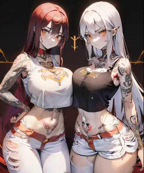 ((two beautiful women : 1.2)), ((Model pose with backs to each other : 1.2)), ((Identical twin high school girl sisters : 1.2)), ((The older sister on the left is a bad student and has fierce eyes. : 1.3)), ((black cutout crop top :1.3)), ((micro denim sho...