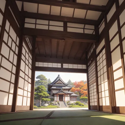 A large traditional Japanese castle with white walls and dark gray ceiling, Japanese garden, in autumn weather.
