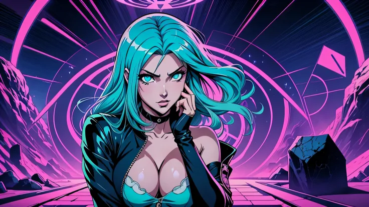 garota de anime, corpo inteiro, pose provocativa, sexy, sedutora, roupas de couro, rock, metal Capa do álbum Anime Phonk Brain Sick, musica, ondas sonoras, com cores amarelo e azul neon
