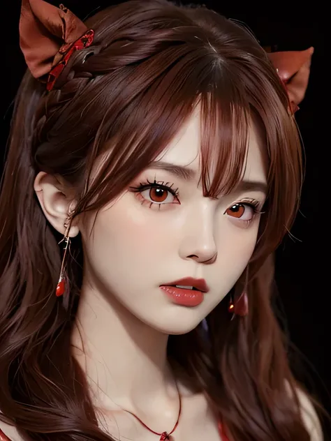 (in the dark:1.6), 1 girl, in the dark, deep shadow, secret key,cowboy shot,(formal wear:1.4) ,long wavy hair,redhead,clavicle、flame background、redhead、red background、red spirit clothes、earrings、necklace、red tattoo、red eyes、she is a spirit、close up of face...