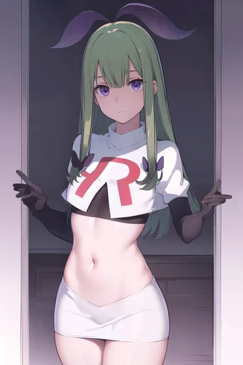 mandragora, mandragora, long hair, bangs, ahoge, green hair, (purple eyes:1.1), bow, hair bow,
break team rocket,team rocket uni...