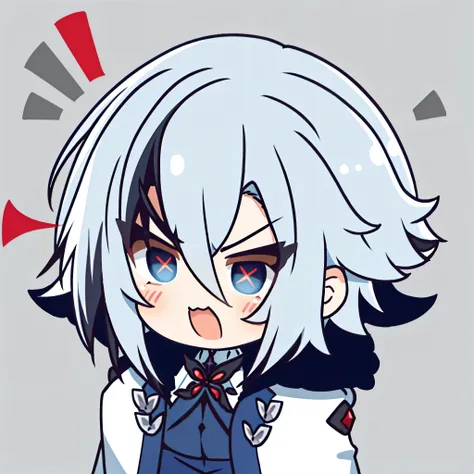 1girl,arlecchino,(chibi:1.2),cheek bulge, fume, angry, white short hair, blue eyes with red x-shaped pupils, wearing white suit,...