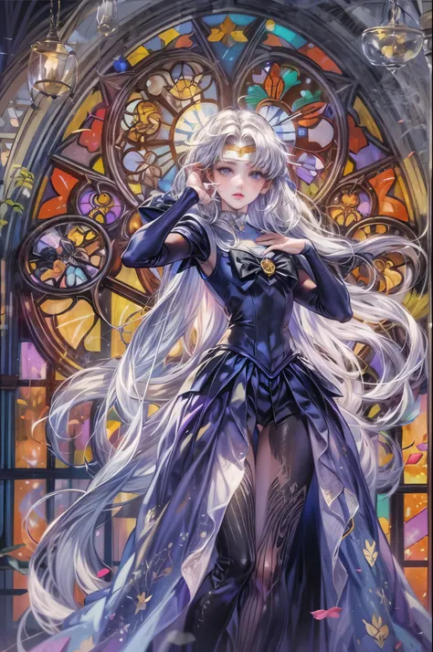 ((Best quality)), ((masterpiece)), (detailed), ((perfect face)), ((halfbody)) ((Sailor Moon Villain: The Witches 5)) solo picture close-up , cathedral background with a big stained glass window , breaking glass, holding a black rose