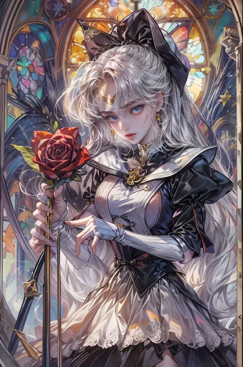 ((Best quality)), ((masterpiece)), (detailed), ((perfect face)), ((halfbody)) ((Sailor Moon Villain: The Witches 5)) solo picture close-up , cathedral background with a big stained glass window , breaking glass, holding a black rose