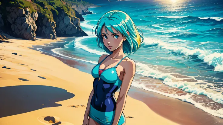 garota de anime, corpo inteiro, bulma, roupas de praia, sol, mar, Capa do álbum Anime Phonk Brain Sick, musica, ondas sonoras, com cores amarelo e azul neon
