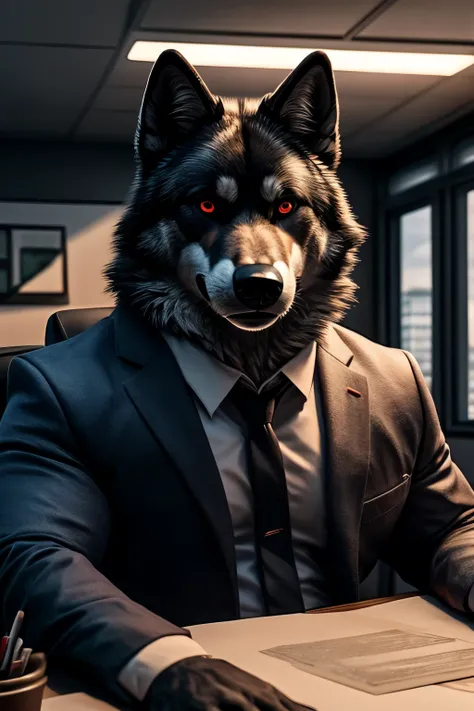 A photograph of a black wolf, with red eyes, in a sitting position at an office desk. -- This image captures the intriguing fusion of the natural world and urban life, as a muscular and detailed black wolf takes a break from his daily routine. Dressed in a...