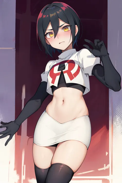 absurdres, cowboy shot, solo, male focus, trap, 1boy, crossdressing,1boy, saihara shuichi, yellow eyes,looking at viewer, team rocket,team rocket uniform,white skirt,red letter R,crop top,black thigh-highs,black elbow gloves, embarrassed, blush