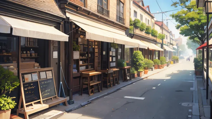 A street lined with stylish cafes、noon、sunlight