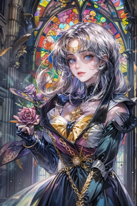 ((Best quality)), ((masterpiece)), (detailed), ((perfect face)), ((halfbody)) ((Sailor Moon Villain: The Witches 5)) solo picture close-up , cathedral background with a big stained glass window , breaking glass, holding a black rose