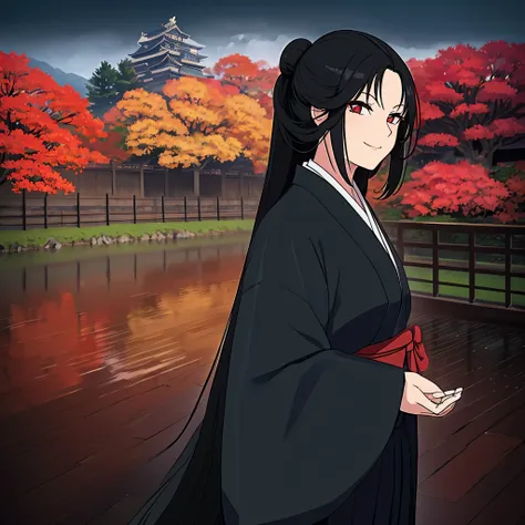 a woman with long black hair, red eyes, cute face, wearing a black kimono with red details, in a japanese garden with autumn wea...