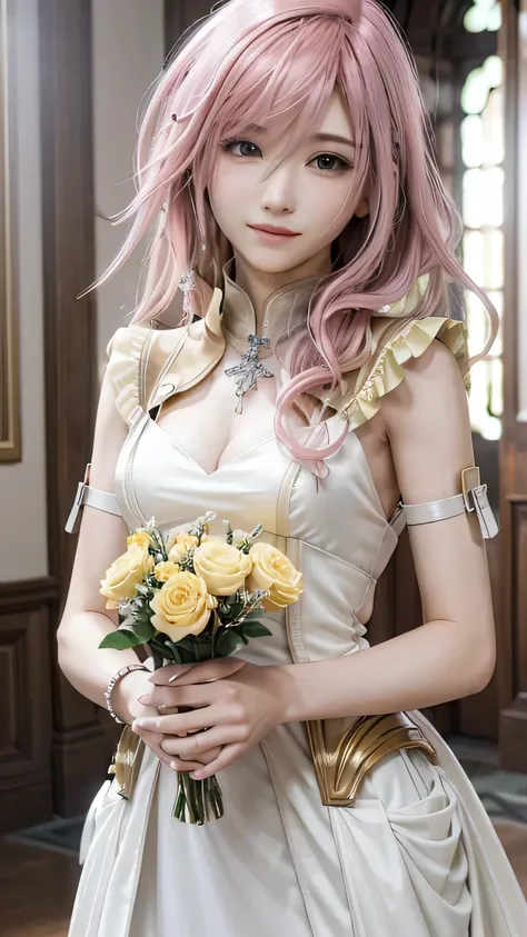 (masterpiece, highest quality:1.3)
1 girl, alone, long hair, pink hair、beautiful yellow wedding dress、whole body、smile