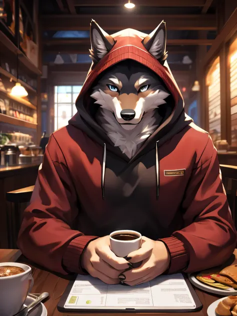 (posted on e621 by Chunie art style) furry, male, anthro, (wolf Tail), Solo, (Realistic eye details:1.2), (beautiful detailed eyes), anime - style image of a man in a Hoodie outfit a laptop on the table, cafe shop background, sit down on chair, a cup of co...