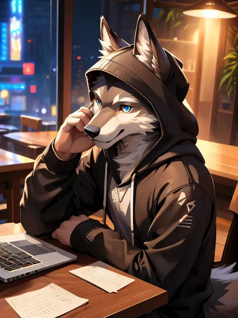 (posted on e621 by Chunie art style) furry, male, anthro, (wolf Tail), Solo, (Realistic eye details:1.2), (beautiful detailed eyes), anime - style image of a man in a Hoodie outfit a laptop on the table, cafe shop background, sit down on chair, a cup of co...