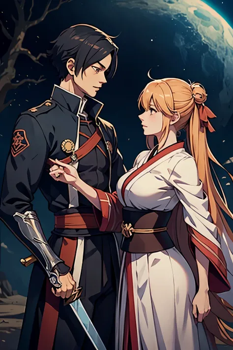 Anime couple with sword and clothes in the wind, Yandere, by Kanamoto Village, Yandere. Takao, Gapmoe Yandere, Zerochan Art, Shingei, Zerochan, high quality fanwork inspired by Masanobu Okumura, anime style, Japanese anime style, they are siblings, anime s...