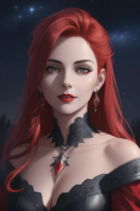 portrait shot, ((vivid red hair)), mature woman, 30 years old, diamond face, moonlight, red starry sky background, depth of field, magic, big red lips, ((dark black eyes)) (Detailed beautiful eyes) black and red long and full attire, covered chest, mystica...