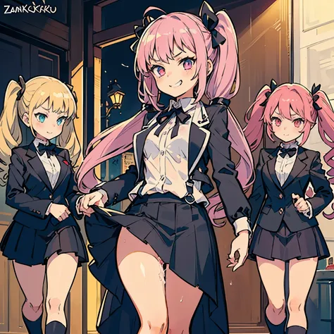 4 Girls with pink hair, long twintail hairstyle, small bushy eyebrows, wearing gothic lolita clothing, (Zankuro) drawing style by zankuro artist, Zancrow style, image uploaded to R34, walking to school, flirty smile, , lifting her skirt to show her vagina ...