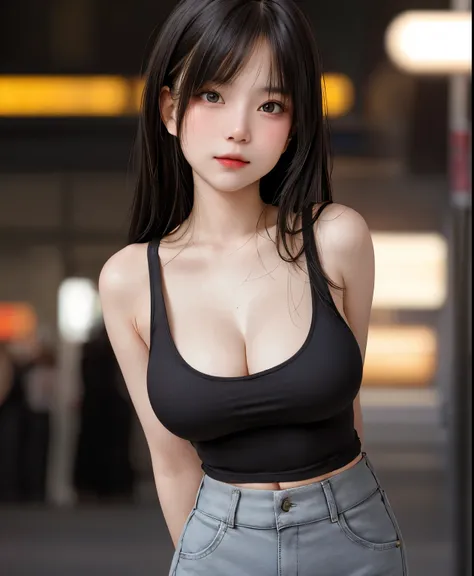 1girl, cute, 20 years old, seductive expression, look at viewer, tank top ,paper waist pants, photo, realistic, best quality, hires, detailed face, detailed background tokyo street, diffused lighting, depth of field, bokeh,large breasts,arms behind back