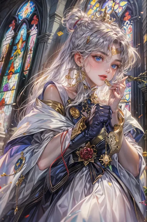 ((Best quality)), ((masterpiece)), (detailed), ((perfect face)), ((halfbody)) ((Sailor Moon Villain: The Witches 5)) solo picture close-up , cathedral background with a big stained glass window , breaking glass, black rose ornaments 