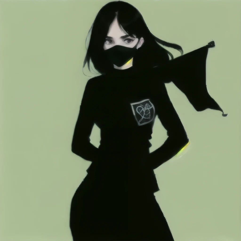 young woman spreading anarchist black flag on green background, looking from the corner of the eyes