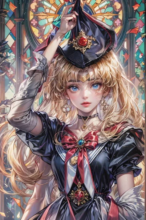 ((Best quality)), ((masterpiece)), (detailed), ((perfect face)), ((halfbody)) ((Sailor Moon Villain: The Witches 5)) solo picture close-up , cathedral background with a big stained glass window , breaking glass, black rose ornaments 