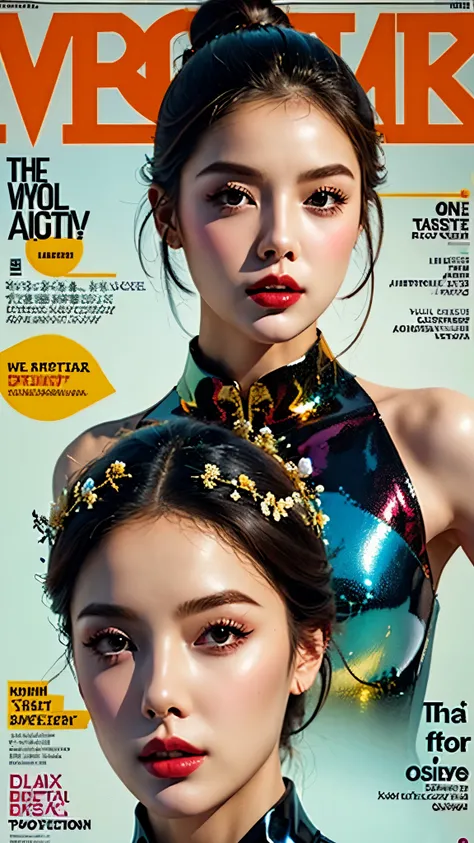 (magazine cover:1.3),ulzzang-6500, (actual: 1.3) (The original: 1.2), masterpiece, best quality, beautiful clean face, whole body, 1 girl, glitch art, (digital distortion), pixelated clip, Data corruption,color noise, visual clutter,contemporary aesthetics