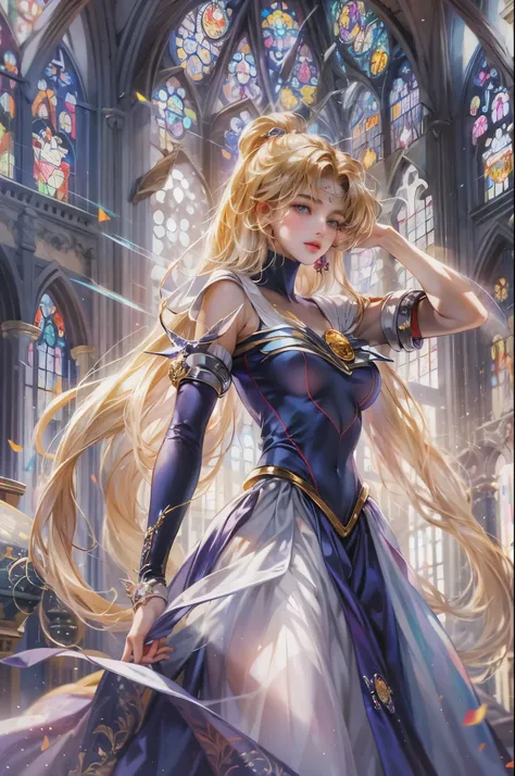 ((Best quality)), ((masterpiece)), (detailed), ((perfect face)), ((halfbody)) ((Sailor Moon Villain: The Witches 5)) solo picture close-up , cathedral background with a big stained glass window , breaking glass, black rose ornaments 