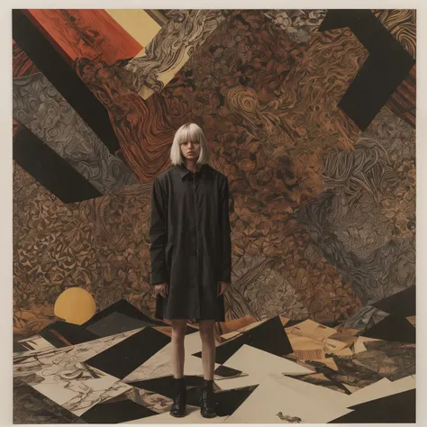 an angry girl standing in front of an abstract pattern on a wall break lineardelusion, abstract pattern, collage art, art collag...