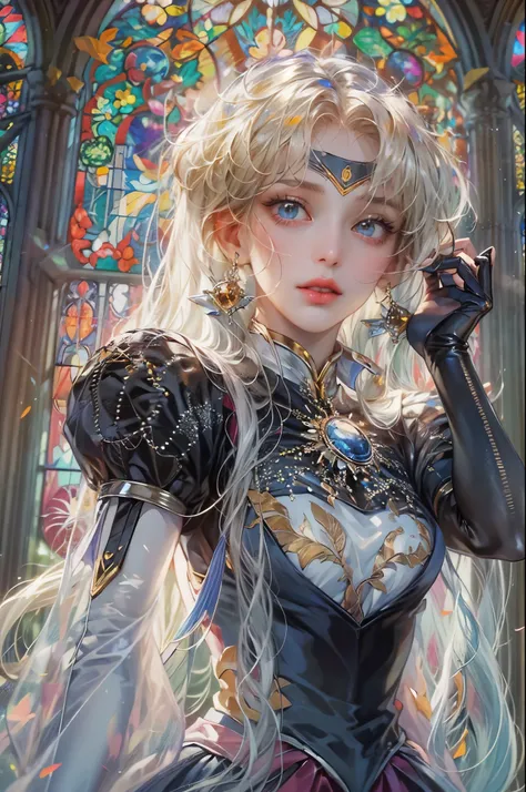 ((Best quality)), ((masterpiece)), (detailed), ((perfect face)), ((halfbody)) ((Sailor Moon Villain: The Witches 5)) solo picture close-up , cathedral background with a big stained glass window , breaking glass, black rose ornaments 