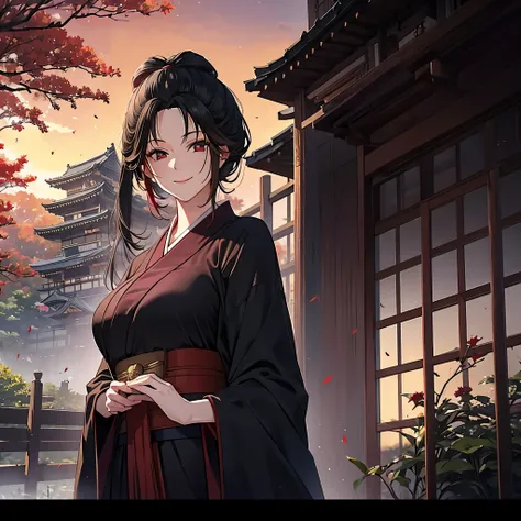 A woman with long black hair, red eyes, cute face, wearing a black kimono with red details, big breast, in a Japanese garden with autumn weather, Japanese castle behind, smiling.
