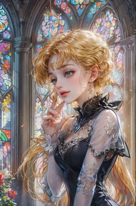 ((Best quality)), ((masterpiece)), (detailed), ((perfect face)), ((halfbody)) ((Sailor Moon Villain: The Witches 5)) solo picture close-up , cathedral background with a big stained glass window , breaking glass, black rose ornaments 