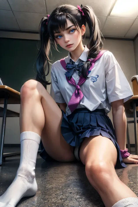 A high school girl sitting on the classroom floor and taking off her socks, staring at me with blue eyes, white shirt and tie, pleated skirt, scrunchie on her wrists, hairpins, black hair in twin tails, ribbons, from the front and from below.