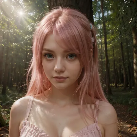 (pink-haired girl,romantic atmosphere,enchanted forest:giant trees,shimmering eyes,wonder) (oil painting,illustration) (best quality,highres:1.2),ultra-detailed,realistic,hdr,studio lighting,sharp focus,physically-based rendering) (dreamy,soft colors,light...