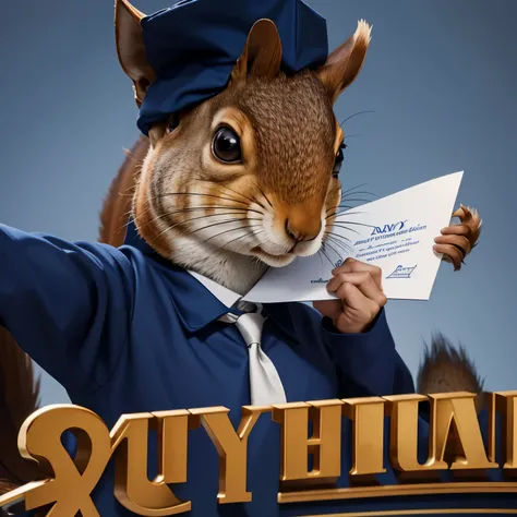 Logo that has an animated squirrel with a graduation cap and a diploma in his right hand and his left hand resting on the navy blue letters UF the size of the squirrel