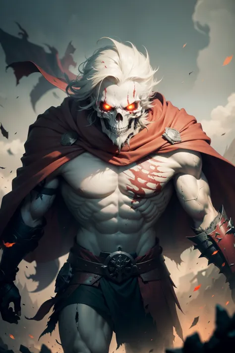 Skeleton warrior with tattered red cape drifts closer, the wind billowing the remnants of fabric behind him. His Viking shield bears the signs of countless battles, its surface scarred and dented. In his hand, a short sword gleams ominously, its blade jagg...