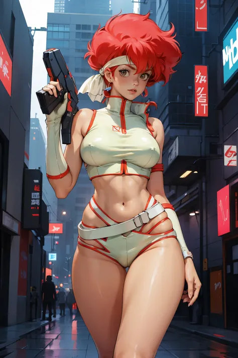 Kei from The Dirty Pair, , wearing a tight outfit, skimpy, medium breast, red hair beauty, cyberpunk city background, holding retro space-gun, headband, slim waist, slim thighs, thigh gap