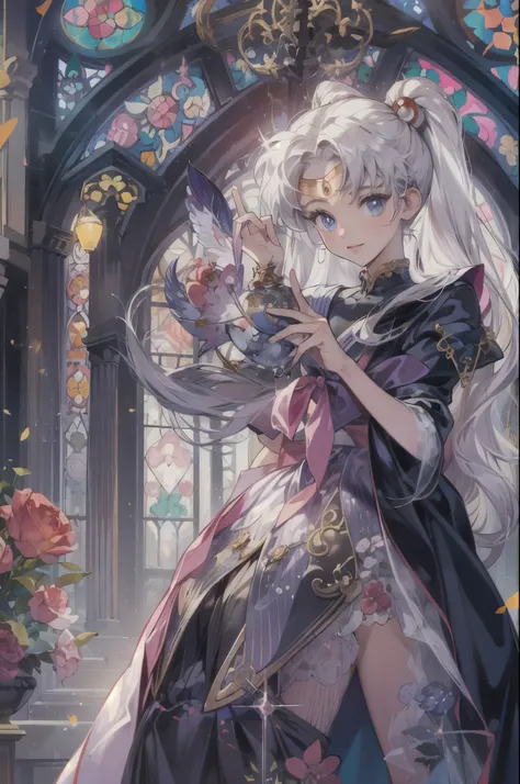 ((Best quality)), ((masterpiece)), (detailed), ((perfect face)), ((halfbody)) ((Sailor Moon Villain: The Witches 5)) solo picture close-up , cathedral background with a big stained glass window , breaking glass, black rose ornaments 