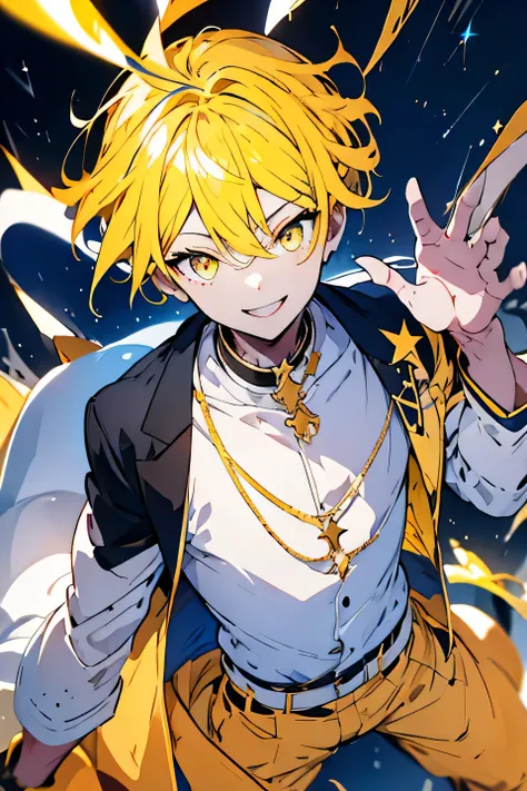 1boy, star background, star eyes, yellow hair, golden eyes, wide smile, flashy clothes